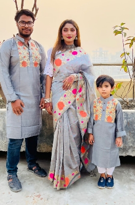 Picture of Family Set Block Print Dhupian Silk Exclusive Couple Dress Ash Color Saree and Panjabi for Men women and Son - White