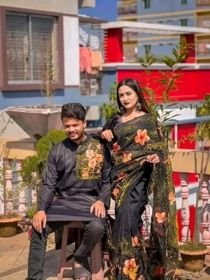 Picture of White Hand Print Half Silk Saree and Dupaiyan Panjabi couple Dress for Men and women