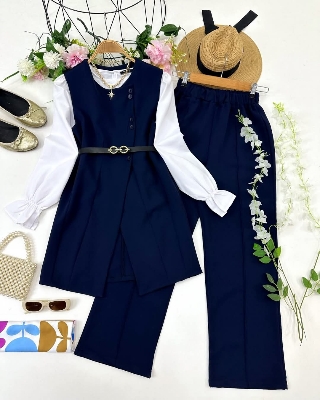 Picture of Western Fashion Ladis Stitched Blue color Co-ord set Tops and Pant Vangchur Fabric dress for women - Blue