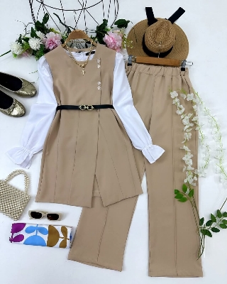 Picture of Western Fashion Ladis Stitched Brown color Co-ord set Tops and Pant Vangchur Fabric dress for women - Brown