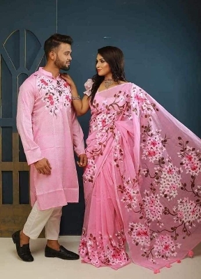 Picture of White Hand Print Half Silk Saree and Dupaiyan Panjabi couple Dress for Men and women