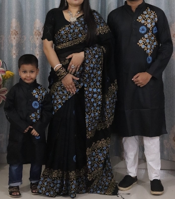 Picture of Family Set Block Print Dhupian Silk Exclusive Couple Dress White Color Saree and Panjabi for Men women and Son - Black