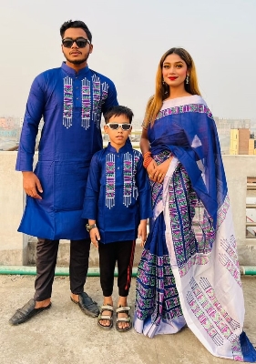 Picture of Family Set Block Print Dhupian Silk Exclusive Couple Dress Blue Color Saree and Panjabi for Men women and Son - Blue