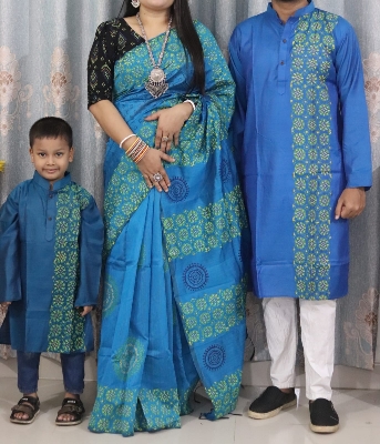 Picture of Family Set Block Print Dhupian Silk Exclusive Couple Dress Blue Color Saree and Panjabi for Men women and Son - Blue