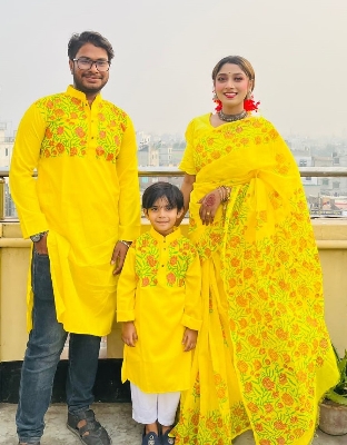 Picture of Family Set Block Print Dhupian Silk Exclusive Couple Dress Yellow Color Saree and Panjabi for Men women and Son - Yellow