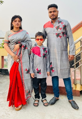 Picture of Family Set Block Print Dhupian Silk Exclusive Couple Dress Ash Color Saree and Panjabi for Men women and Son - Ash