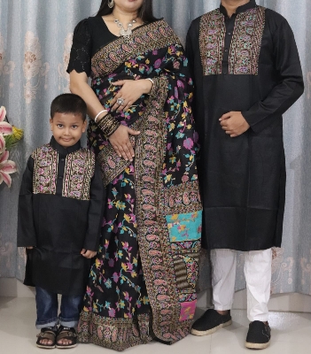 Picture of Family Set Block Print Dhupian Silk Exclusive Couple Dress Black Color Saree and Panjabi for Men women and Son - Black