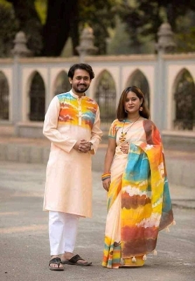 Picture of Pink Hand Print Half Silk Saree and Dupaiyan Panjabi couple Dress for Men and women