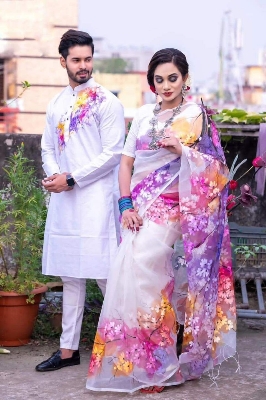 Picture of Pink Hand Print Half Silk Saree and Dupaiyan Panjabi couple Dress for Men and women