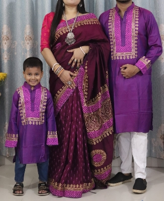Picture of Family Set Block Print Dhupian Silk Exclusive Couple Dress Purple Color Saree and Panjabi for Men women and Son - Purple