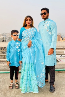 Picture of Family Set Block Print Dhupian Silk Exclusive Couple Dress Akashi Color Saree and Panjabi for Men women and Son - Akashi