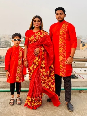 Picture of Versatile -Family Set Block Print Dhupian Silk Exclusive Couple Dress Red Color Saree and Panjabi for Men women and Son- Avant-garde - Red