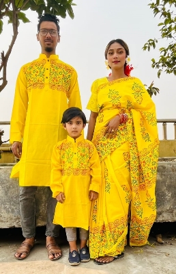 Picture of Family Set Block Print Dhupian Silk Exclusive Couple Dress Yellow Color Saree and Panjabi for Men women and Son - Yellow