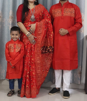 Picture of Family Set Block Print Dhupian Silk Exclusive Couple Dress Red Color Saree and Panjabi for Men women and Son - Red