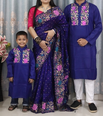 Picture of Family Set Block Print Dhupian Silk Exclusive Couple Dress Blue Color Saree and Panjabi for Men women and Son - Blue