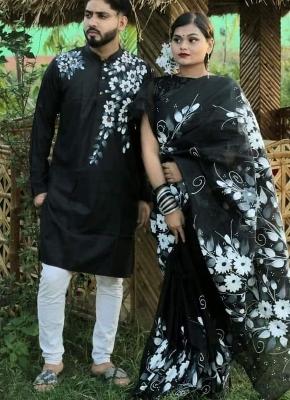 Picture of White Hand Print Half Silk Saree and Dupaiyan Panjabi couple Dress for Men and women