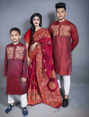 Picture of Versatile -Family Set Block Print Dhupian Silk Exclusive Couple Dress Maroon Color Saree and Panjabi for Men women and Son- Avant-garde - Maroon