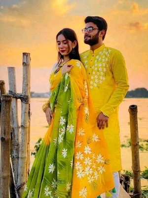 Picture of White Hand Print Half Silk Saree and Dupaiyan Panjabi couple Dress for Men and women