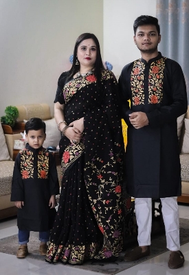 Picture of Family Set Block Print Dhupian Silk Exclusive Couple Dress Black Color Saree and Panjabi for Men women and Son - Black
