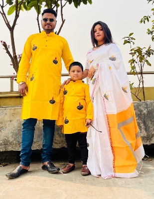 Picture of Family Set Block Print Dhupian Silk Exclusive Couple Dress Deep White Color Saree and Panjabi for Men women and Son - White