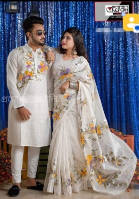 Picture of White Hand Print Half Silk Saree and Dupaiyan Panjabi couple Dress for Men and women