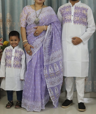 Picture of Family Set Block Print Dhupian Silk Exclusive Couple Dress Lavender Color Saree and Panjabi for Men women and Son - Lavender