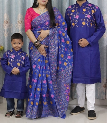 Picture of Family Set Block Print Dhupian Silk Exclusive Couple Dress Blue Color Saree and Panjabi for Men women and Son - Blue