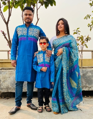 Picture of Family Set Block Print Dhupian Silk Exclusive Couple Blue Color Saree and Panjabi for Men women and Son - Blue