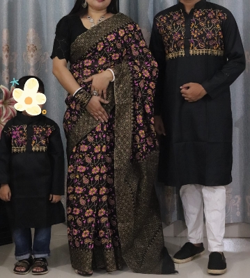 Picture of Family Set Block Print Dhupian Silk Exclusive Couple Dress Black Color Saree and Panjabi for Men women and Son - Black