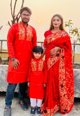 Picture of Family Set Block Print Dhupian Silk Exclusive Couple Dress Red Color Saree and Panjabi for Men women and Son - Red