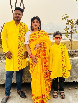 Picture of Family Set Block Print Dhupian Silk Exclusive Couple Dress Yellow Color Saree and Panjabi for Men women and Son - Yellow