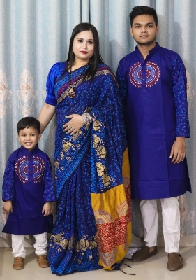 Picture of Family Set Block Print Dhupian Silk Exclusive Couple Dress Blue Color Saree and Panjabi for Men women and Son - Blue