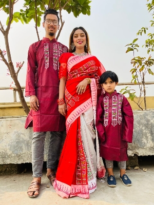 Picture of Family Set Block Print Dhupian Silk Exclusive Couple Dress Maroon Color Saree and Panjabi for Men women and Son - Maroon