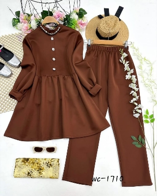 Picture of Western Fashion Ladis Stitched Purple color Co-ord set Tops and Pant Vangchur Fabric dress for women - Brown