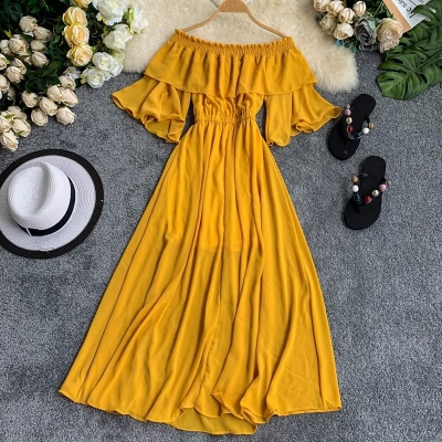 Picture of Readymade Unique  Western Fashion Ladis Gown Cherry Georgette style dress for women - Yellow