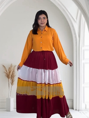 Picture of Western Fashion Ladis Stitched Fancy collection Multicolor Tops and Skart Set Fabric Chinigura Georgette for women - Yellow