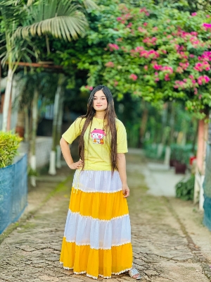 Picture of Western Fashion Ladis Stitched Fancy collection Multicolor Tops and Skart Set Fabric Chinigura Georgette for women - Yellow