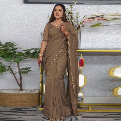 Picture of Exclusive Design Soft Semi Moslin Saree With Matching Blouse pis Embroidery and dollor work for women - Brown