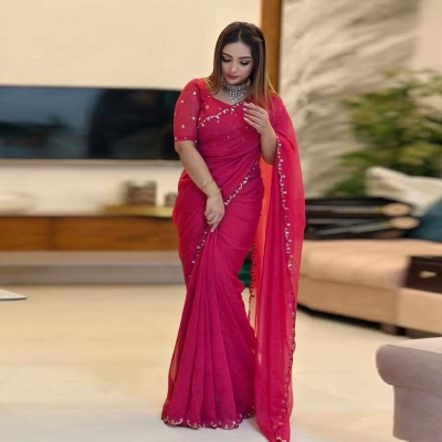 Picture of Exclusive Design Soft Semi Moslin Saree With Matching Blouse pis Embroidery and dollor work for women - Maroon