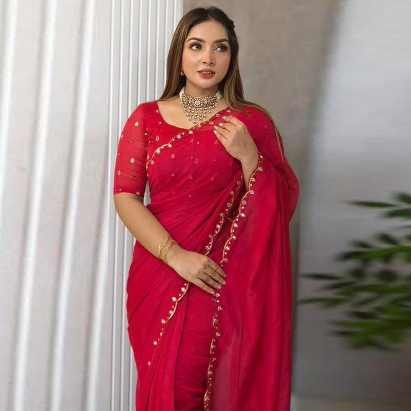 Picture of Exclusive Design Soft Semi Moslin Saree With Matching Blouse pis Embroidery and dollor work for women - Maroon