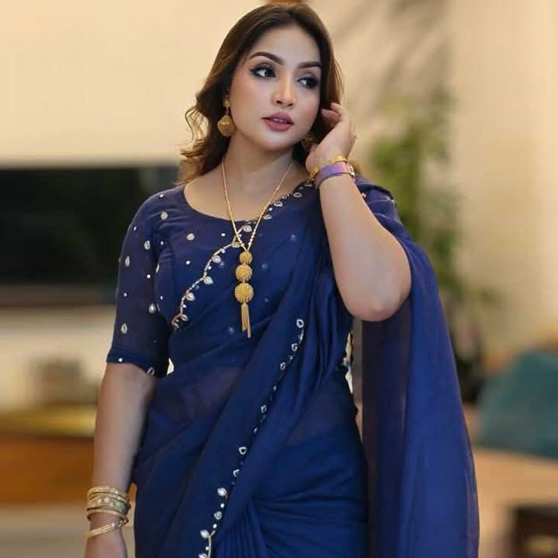 Picture of Exclusive Design Soft Semi Moslin Saree With Matching Blouse pis Embroidery and dollor work for women - Blue