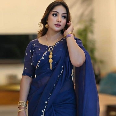 Picture of Exclusive Design Soft Semi Moslin Saree With Matching Blouse pis Embroidery and dollor work for women - Blue