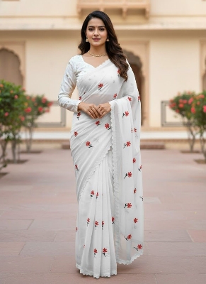 Picture of Exclusive Design Soft Georgette Saree With Matching Blouse pis Embroidery work for women - White