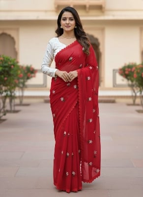 Picture of Exclusive Design Soft Georgette Saree With Matching Blouse pis Embroidery work for women - Red