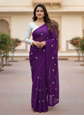 Picture of Exclusive Design Soft Georgette Saree With Matching Blouse pis Embroidery work for women - Purple