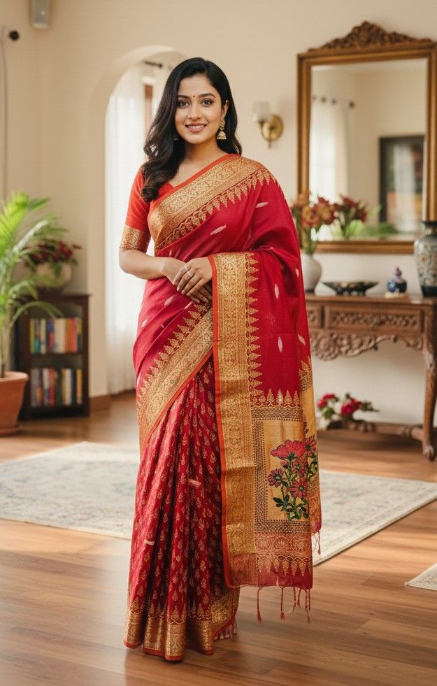 Picture of Exclusive Design প্রিমিয়াম মাহিশা শাড়ী Embroidery and dollor work Half silk Saree for women - Maroon