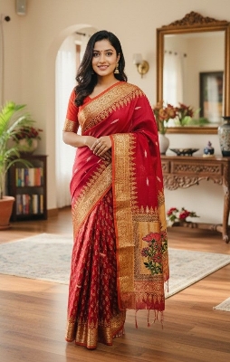 Picture of Exclusive Design প্রিমিয়াম মাহিশা শাড়ী Embroidery and dollor work Half silk Saree for women - Maroon