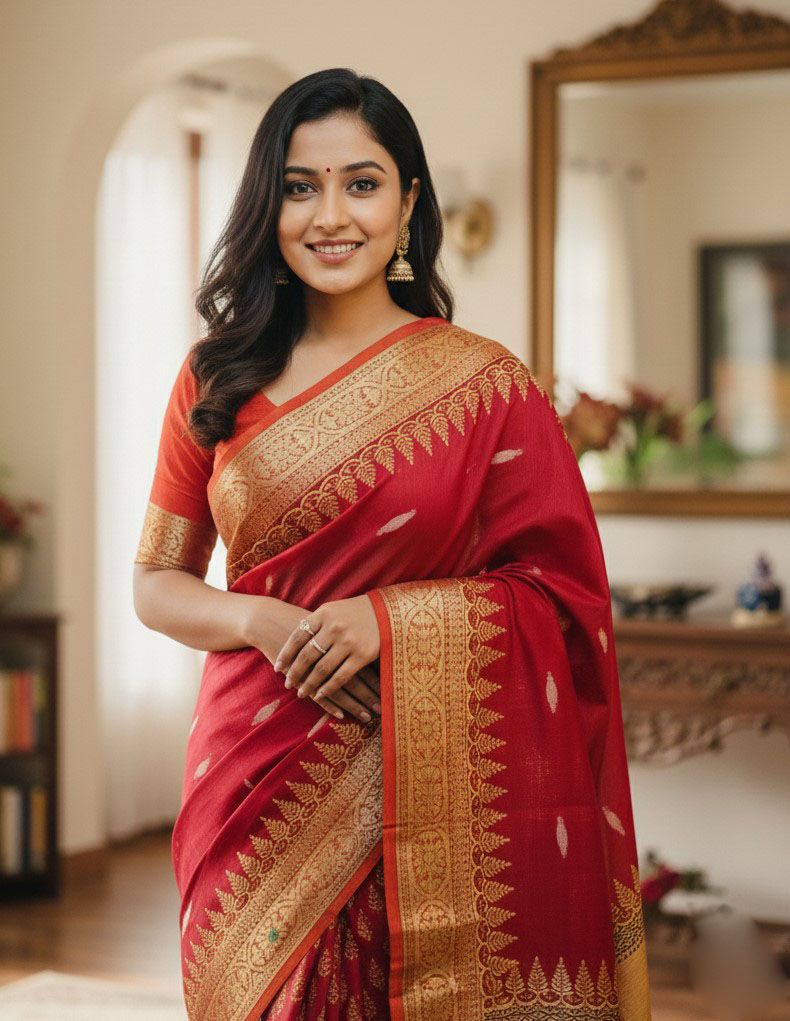 Picture of Exclusive Design প্রিমিয়াম মাহিশা শাড়ী Embroidery and dollor work Half silk Saree for women - Maroon