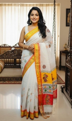 Picture of Exclusive Design প্রিমিয়াম মাহিশা শাড়ী Embroidery and dollor work Half silk Saree for women - White