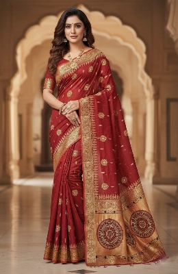 Picture of Exclusive Design প্রিমিয়াম মাহিশা শাড়ী Embroidery and dollor work Half silk Saree for women - Maroon